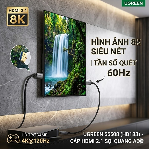 Cáp HDMI 2.1 Sợi Quang AOC Dài 30m UGREEN 55508 (HD183) - Hỗ Trợ 8K@60Hz, Băng Thông 48Gbps